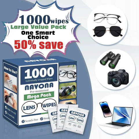Image of 1000-count box of pre-moistened eyeglass lens wipes, scratch free streak free cleaning for glasses, with various lens uses shown.