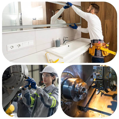 Person installing a bathroom mirror; industrial machinery operation; close-up of a mechanical part being machined.