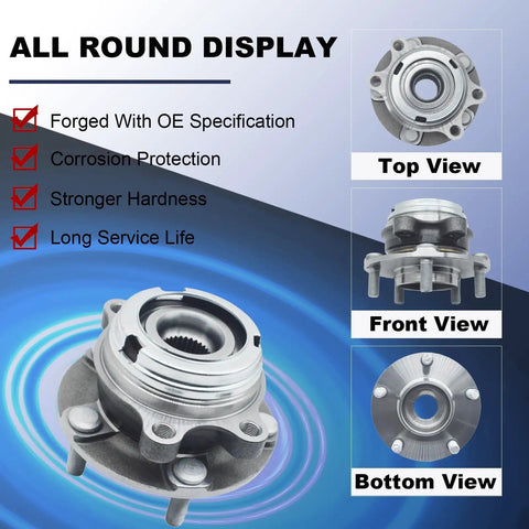 Direct Fit Front Wheel Bearing And Hub Assembly For Nissan Altima 2007 2008 2009 2010 2011 2012 2.5L With 29 Splines And Five Lug Pattern Plug And Play Easy Install Bolt On Wheel Hub Replacement For Smooth Steering And Reliable Performance displayed in top, front, and bottom views emphasizing OE specification, corrosion protection, hardness, and durability.