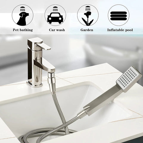 Hand shower hose, 79-inch stainless steel, brushed nickel finish, attached to modern faucet with handheld shower head