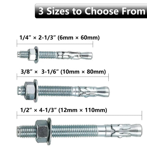Three sizes of zinc plated wedge anchors for concrete, including 3/8 inch by 3-1/6 inch heavy duty carbon steel expansion bolts.