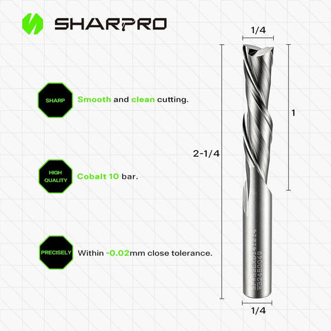 Pro Grade One Quarter Inch Shank Spiral Downcut Router Bit For Woodworking, Solid Carbide CNC End Mill, with length dimensions