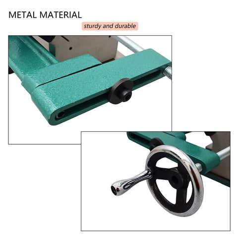 Close-up of Pro Grade Mortise And Tenon Jig For Table Saw With Quick Tightening Clamp handle and metal material details