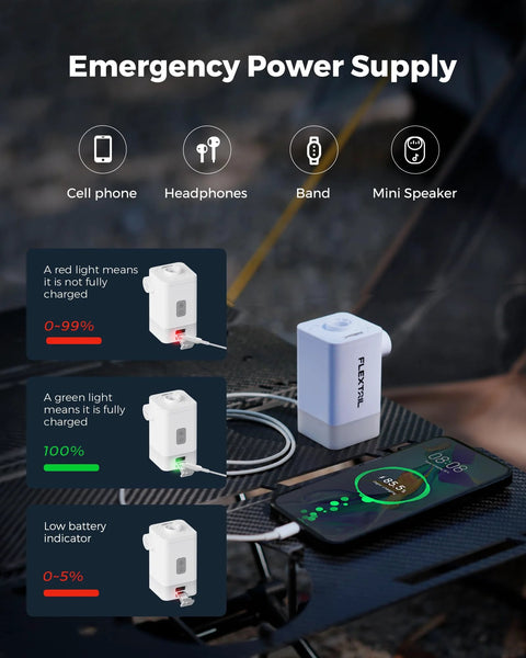 FLEXTAILGEAR portable air pump, white compact unit with LED light and blue battery module for inflatables.
