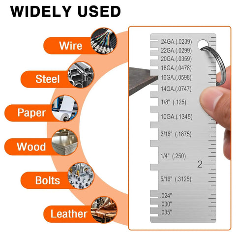 Portable Metal Sheet Thickness Gauge ZeeDix Pro Grade Stainless Steel Plated Size Inspection Tool For Metal Sheets And Wire Welding Material Accurate Reading With Clear Scale Durable Rust Resistant Gauge For Construction And Fabrication, with a range of sizes indicated on the gauge.