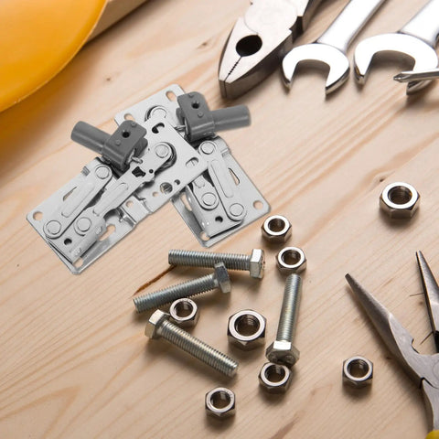 2 Pack Downward Pivot Cabinet Hinges With Soft Close Damping for Frameless Cabinets, with tools and bolts on wooden surface