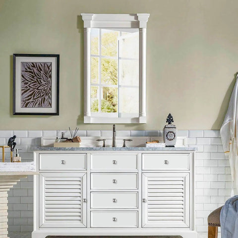 5 Pack Brushed Nickel Cabinet Knobs 30mm Square Zinc Alloy Drawer Pulls on white vanity in bathroom with mirror