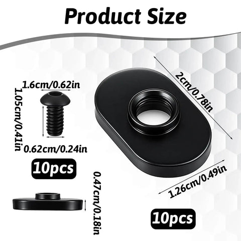 Product size diagram for slide in T track nuts with 1/4-20 x 1/2 inch bolt, black zinc finish, showing dimensions and 10pcs label.