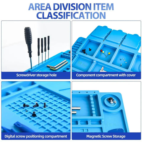 Heat Resistant Silicone Soldering Pad with screwdriver holes, component compartments, and magnetic screw storage.