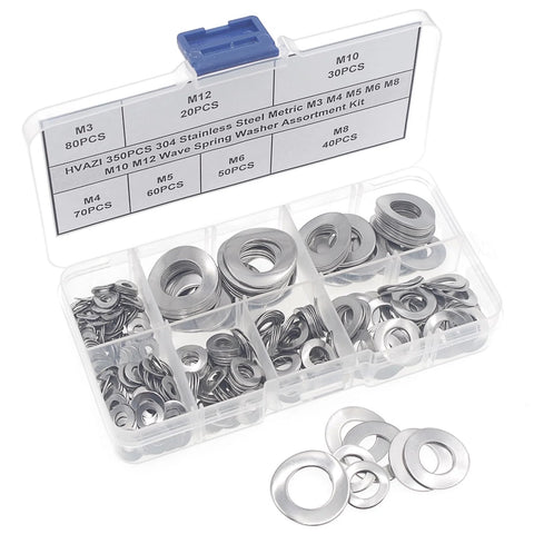 HVAZI wave spring washer set in clear plastic case; 304 stainless steel, M3–M12 sizes, 350 pcs total.