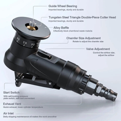Mini Pneumatic Chamfering Machine For Metal Beveling Pro Grade Portable Deburring Tool, side view with labels.
