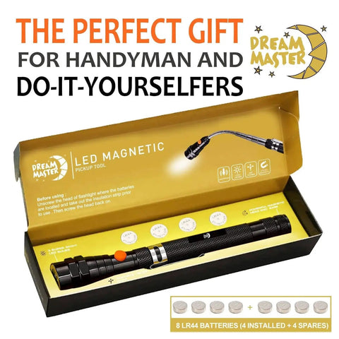 Magnetic Pickup Tool With Telescoping Magnet And Flashlight in black, shown in open box with LED light, batteries included.
