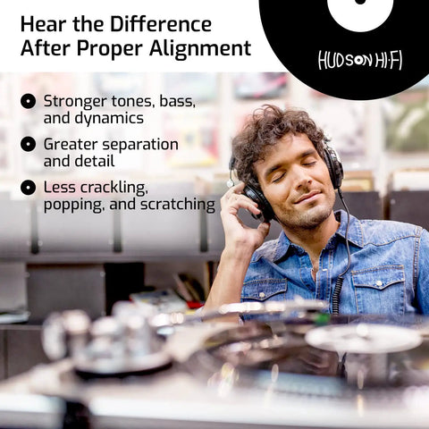 Man enjoying music with headphones next to turntable, featuring text about proper alignment enhancing sound quality.