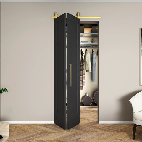 36 Inch By 84 Inch Bi-Fold Barn Door With Brushed Gold Hardware Kit, hollow core interior folding sliding door in textured black installed