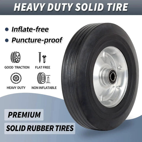 10 Inch By 2.5 Inch Flat Free Solid Rubber Tire With 5/8 Inch Axle Bore Hole And 2 1/4 Inch Hub Replacement Wheel