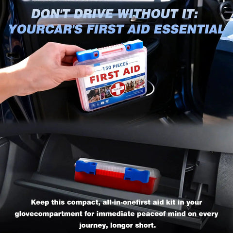 Person placing All In One 150 Piece Emergency First Aid Kit in car glove box, highlighting compact storage and accessibility.