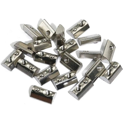 Drop In T Nut Set For Aluminum Extrusion 20 Pcs M6 Thread Spring Nuts with Hammer Head Fasteners shown in nickel-plated carbon steel.