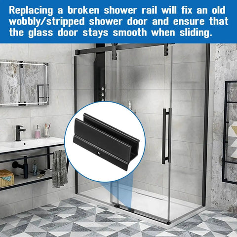 Sliding Shower Door Bottom Guide For Glass Doors Up To Half Inch Wide Plastic Track Guide Measuring Half Inch Wide By Three Inches Long Replacement Parts For Sliding Shower Doors Durable Track Guide Kit Includes 2 Pieces shown in a bathroom setting.