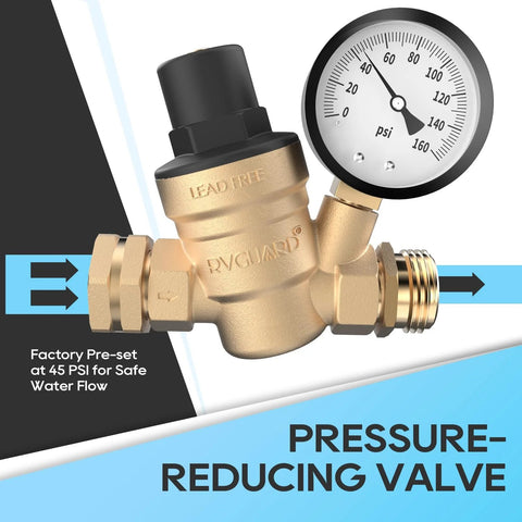 RVGUARD lead-free brass RV water pressure regulator valve with gauge and inlet screen filter