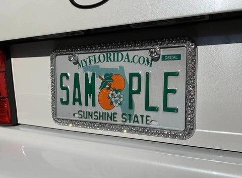 Elegance Chrome License Plate Frame With Diamond Bling And Fastener Caps, 144 Simulated Diamonds, 6mm, Rattle Free Clips
