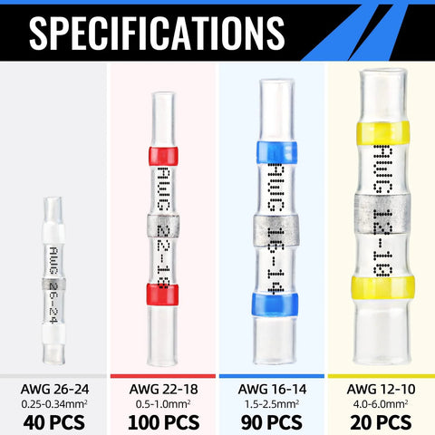 Sopoby solder-seal insulated butt connectors kit; four sizes AWG26-24, 22-18, 16-14, 12-10; 250 pcs automotive&marine