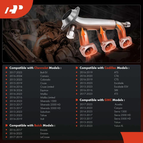 Image of a metallic car part, compatible with Chevrolet, Buick, GMC, and Cadillac models, with a background of engine components.