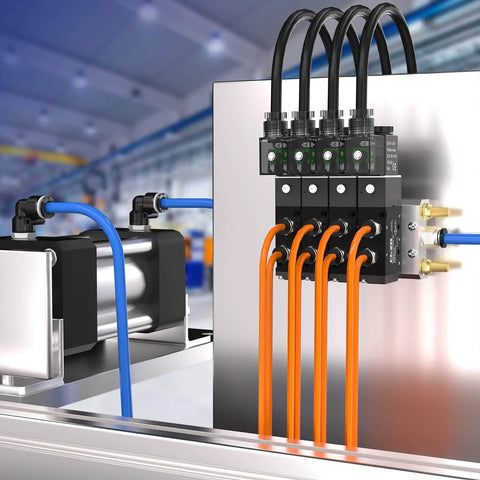 Close-up of 2-Position 5-Way Pneumatic Solenoid Valve DC12V Pilot-Operated Out Of Line Kit with 1/4 NPT Ports installed in industrial setting