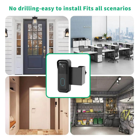 Anti Theft Video Doorbell Mount For Inward Swing Doors Weatherproof No Drill Kit for Renters shown in various installation scenarios