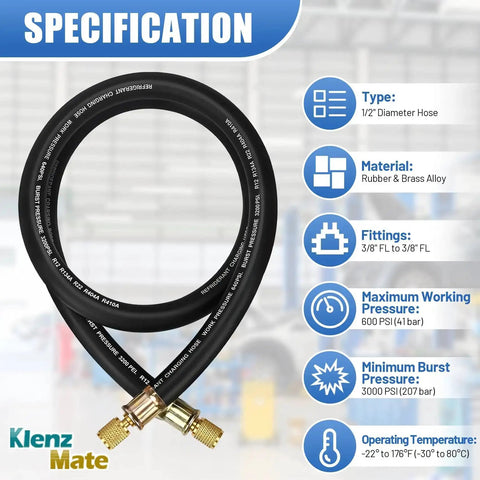 Pro Grade 5 Foot 1/2 Inch HVAC Vacuum Hose With 3/8 To 3/8 Female Flare Fittings For High Flow Refrigerant Evacuation And Recovery, 20 Microns Vacuum, 600 PSI, Black, showing specifications in a workshop background.