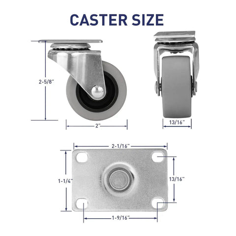 Dimensions of 2 Inch Heavy Duty Rubber Caster Wheels Set Of 4 With Swivel Plate Castors 320 Lb Total Capacity in diagram