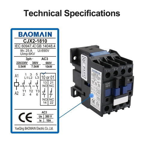 Beefy 3-Pole AC Contactor CJX2-1810 With 24VAC Coil, 3NO And 1NO Auxiliary, 660V 3-Phase, DIN Rail Mount next to technical specifications chart