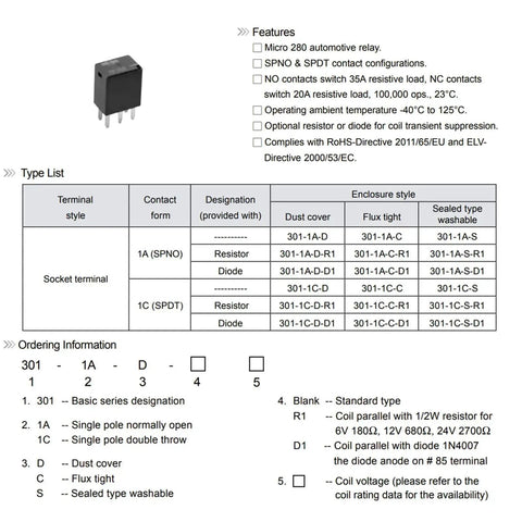 Image of a 12VDC 35A SPDT Automotive Relay with 5 Pins for General Power Use ISO 280 Footprint Tough Low Cost Wide Operating Temp Range Minus 40C to 125C Perfect for DIY Builds and Auto Wiring, alongside technical features list and type options chart.