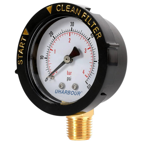 Pool filter pressure gauge by UHARBOUR, brass 1/4 in NPT bottom mount, black housing, white 60 psi dial.