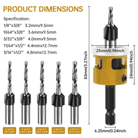 5 Pc Countersink Drill Bit Set With Low Friction Depth Stop And Replaceable HSS M2 Bits, Tapered Head, various sizes shown