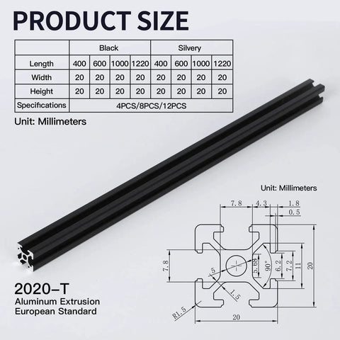1220mm EU Standard Anodized 2020 T Slot Aluminum Rail For CNC Machines And Automation Projects product diagram and dimensions