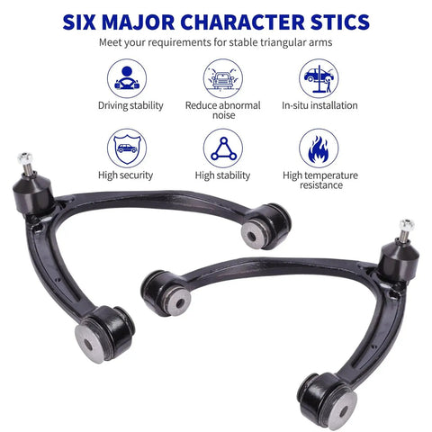 Front view: pair of black front suspension control arms with bushings and ball joints.