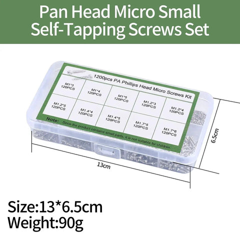 1200 Pcs Mini Screw Kit M1 M1.2 M1.4 M1.7 Micro Phillips Head Pan Screws For Electronics Sunglasses Watches in clear box