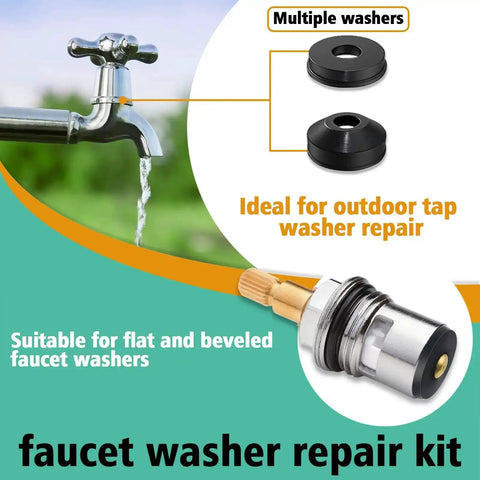 Image of 106 Piece Faucet Washer Kit With Assorted Flat And Beveled Rubber Washers For Outdoor Garden Faucets, Leak Repair And Replacement, Includes 6 Brass Screws, Wide Range Of Washers In Three Eighths And One Quarter Inch Sizes, showing washers and faucet parts.