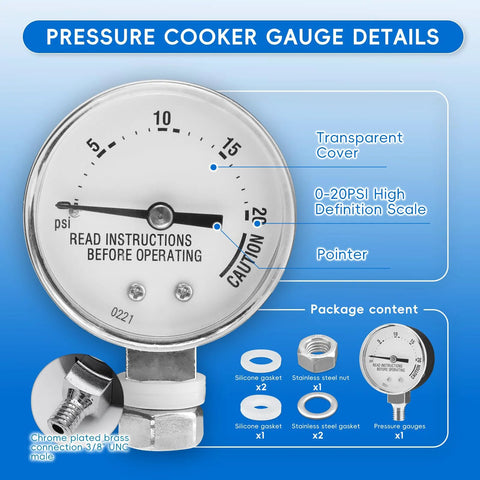 Pressure cooker gauge with transparent cover, 0-20 psi scale, chrome-plated brass connection.