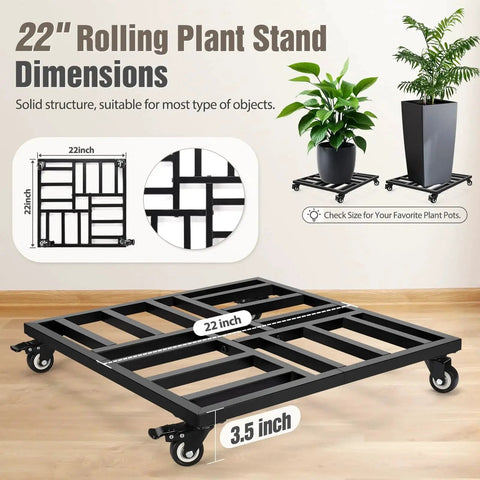 22 Inch Heavy Duty Plant Caddy With Four Wheel Rolling Metal Stand 600 Pound Capacity Square Plant Dolly With Lockable Casters for indoor outdoor use