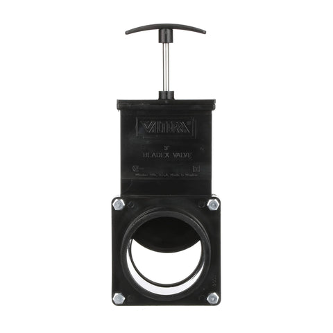 Valterra ABS gate valve, 3-inch hub x spigot connection, black plastic, RV use, front view