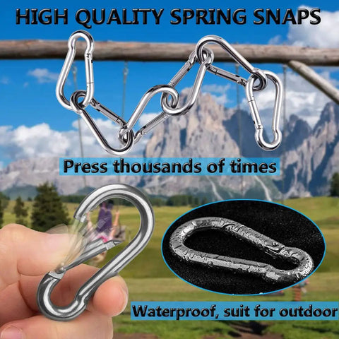 Heavy Duty 304 Stainless Steel Snap Hooks for Outdoor Gear and Camping, shown in various angles, waterproof for outdoor use.