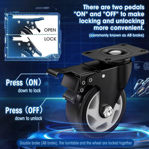 4-inch ASHGOOB caster wheels, set of 4 with AB brake, heavy-duty locking swivel top-plate casters