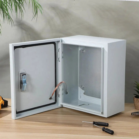 Open Outdoor Waterproof Stainless Steel Electrical Junction Box 250x300x140mm on a table, showing interior compartments.