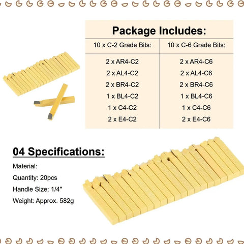 Pro Grade Twenty Piece One Quarter Inch Carbide Tipped Lathe Tool Set For Metal Turning Boring And Chamfering With Cemented Carbide Bits Durable Tools Built For Long Lasting Wear In Professional Shops And Home Machining displayed with specifications and grades.