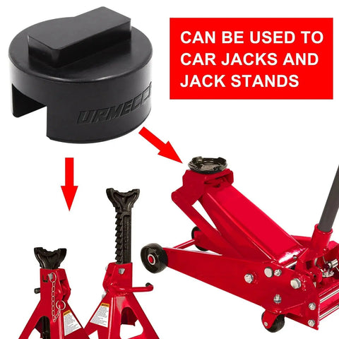 BMW Mini Jack Pad Frame Rail Protector Slotted Rubber Square 2 Pack in use with car jack and jack stands.