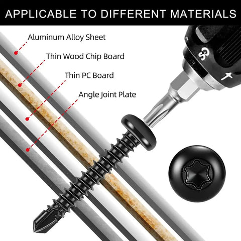 Illustration of Torx Drive Self Drilling Screws Set for Metal in 410 Stainless Black Dacromet Finish, applicable to various materials.