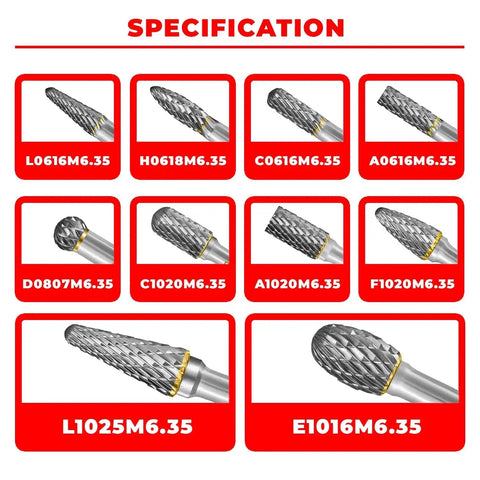 Tungsten Carbide Burr Set With One Quarter Inch Shank Ten Piece Double Cut Rotary Burrs For Die Grinder Built To Last