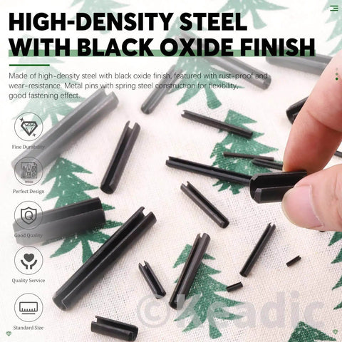 405 Piece Roll Pin Set With 27 Sizes Slotted Spring Pins For Dowel Tension And Expansion Black Steel Pins shown on fabric.