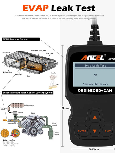Classic Enhanced OBD II Scanner For Your Ride Read And Clear Check Engine Codes CAN Diagnostic Tool For 1996 And Newer Vehicles Works With All OBD2 Protocol Cars Black, displaying EVAP leak test functionality.